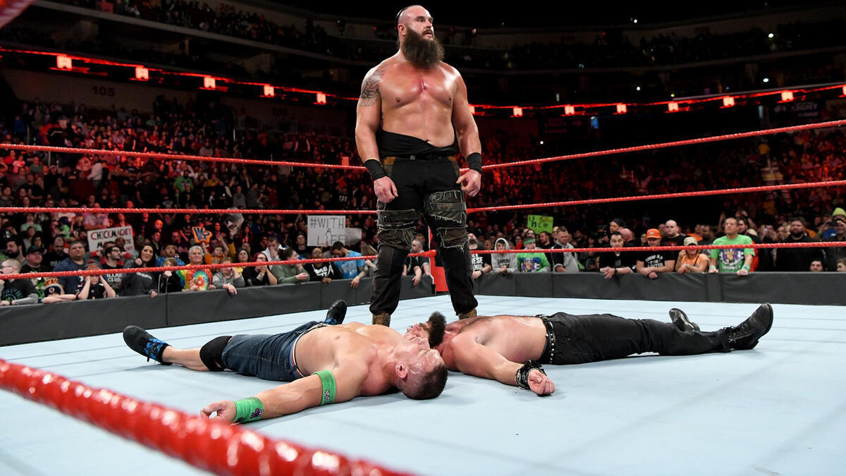 Strowman drops Cena and Elias with multiple Running Powerslams!