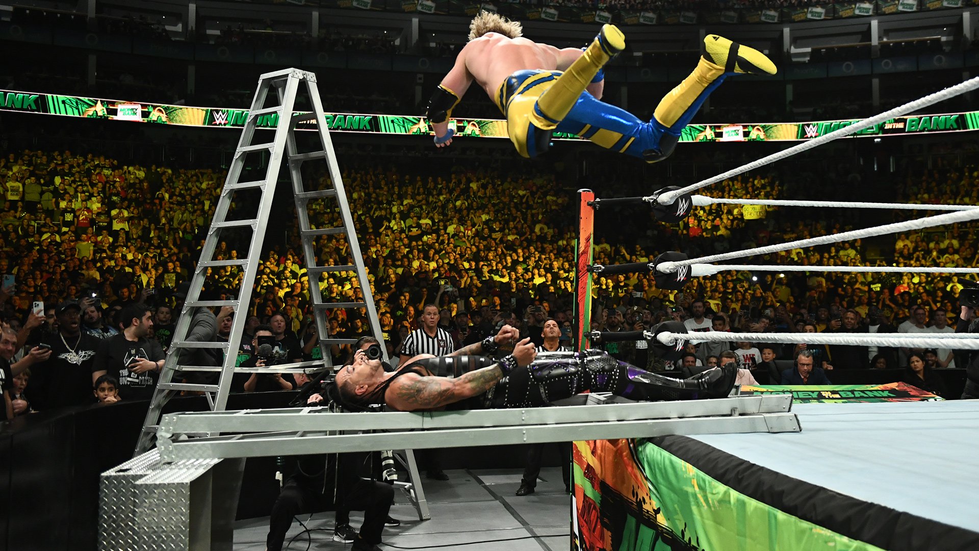 Logan Paul hits a huge frog splash onto Damian Priest on a ladder: Money in  the Bank 2023 highlights