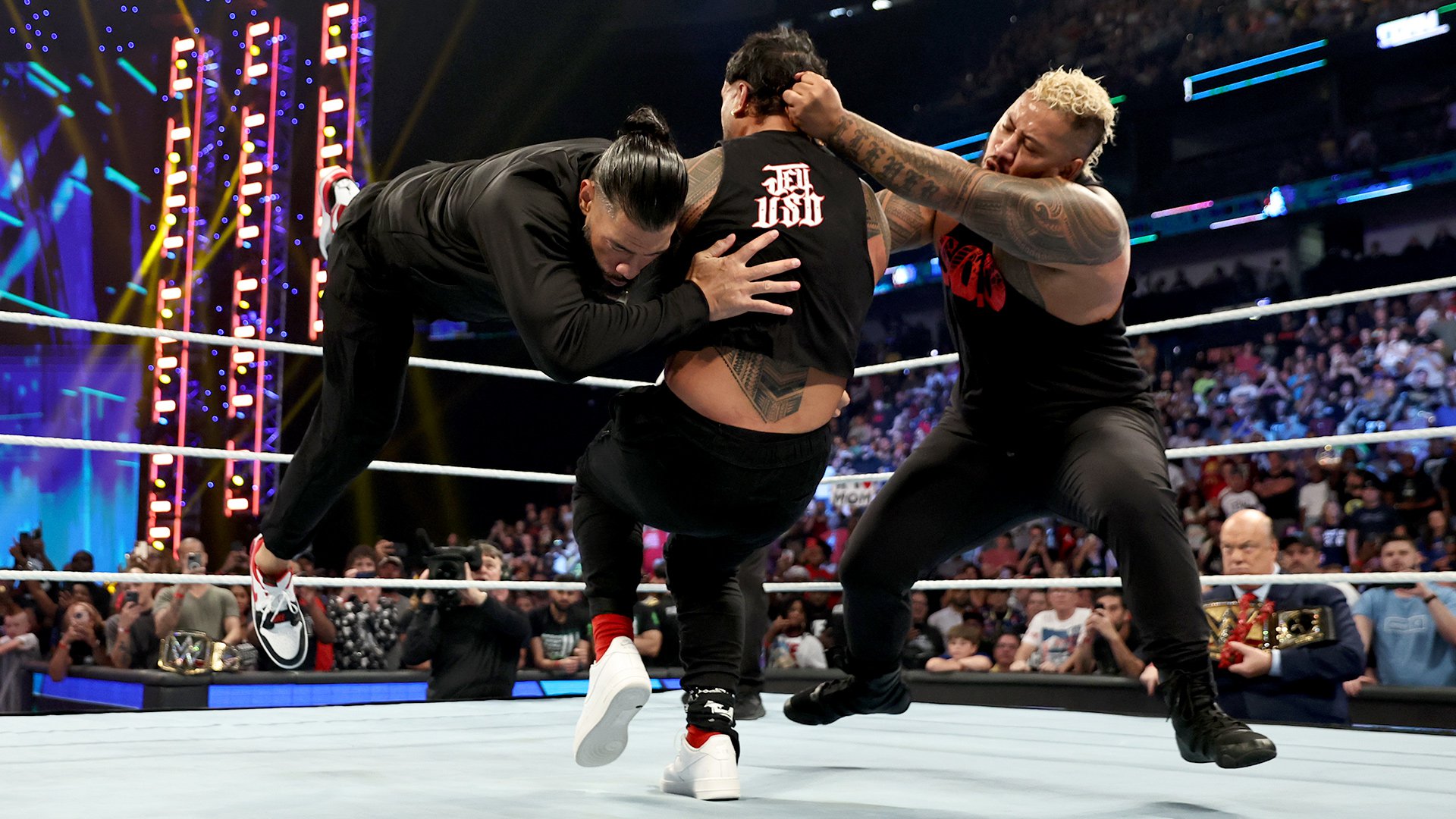 Jey Uso spears Roman Reigns after handling Grayson Waller in a one