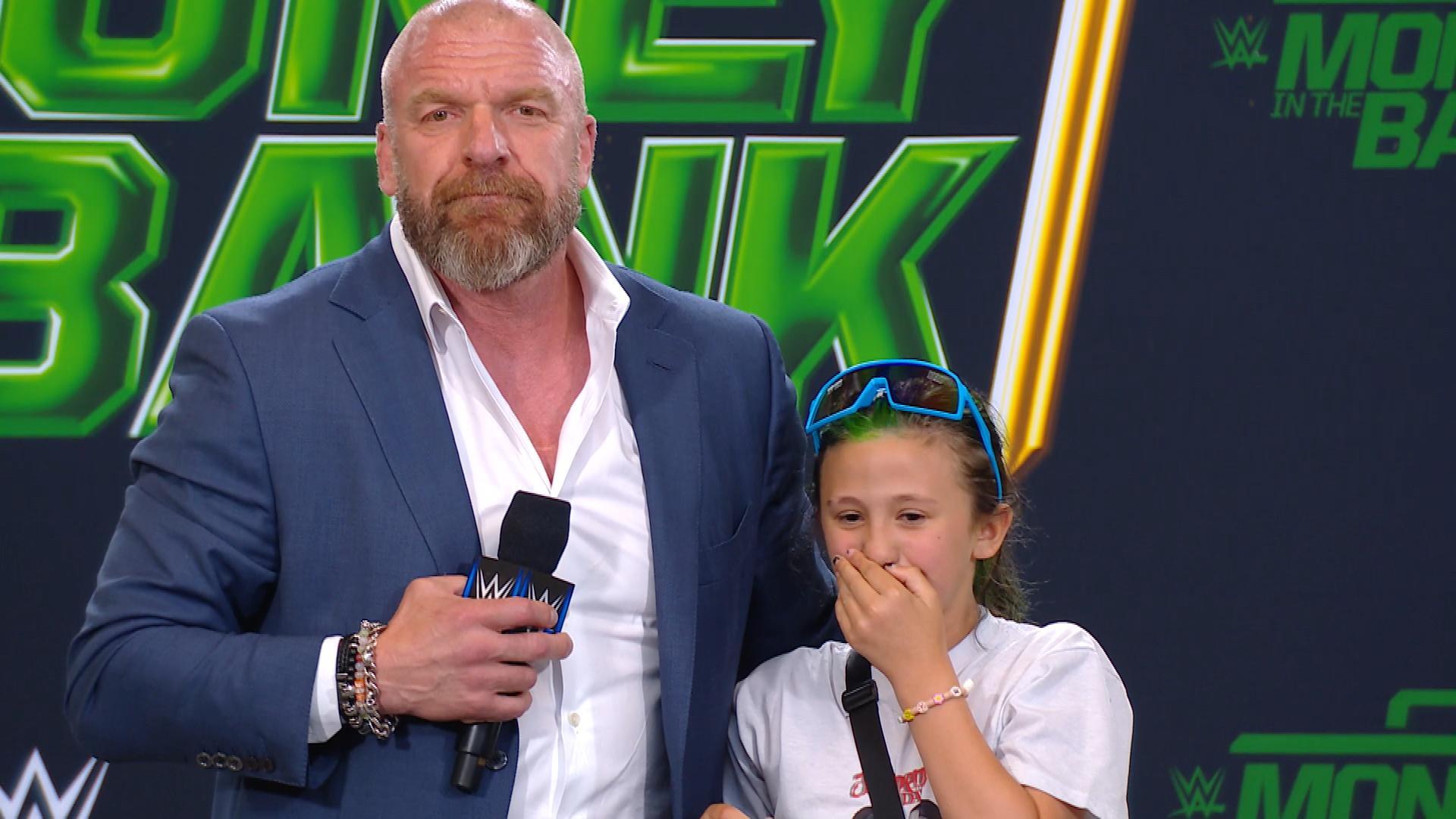 Triple H welcomes a lucky young Ontario fan onto the stage: Money in the  Bank Kickoff, July 5, 2024