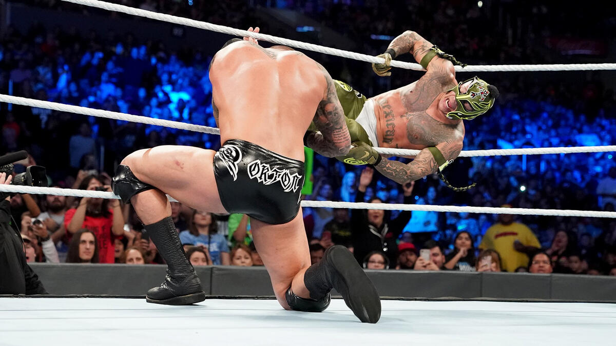 Mysterio connects with the 619, but Orton rolled to the outside and dropped an incoming Mysterio with an RKO!