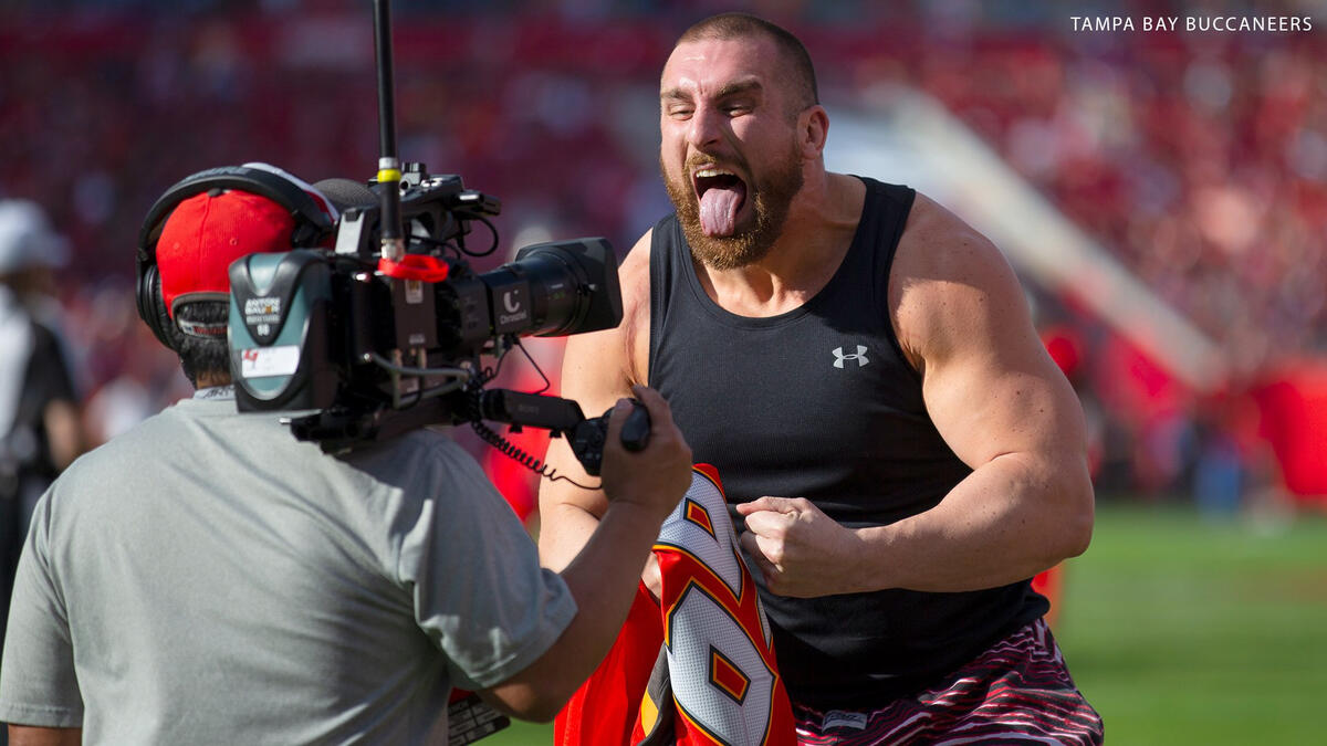 Titus O'Neil, Natalya and Mojo Rawley attend a Tampa Bay