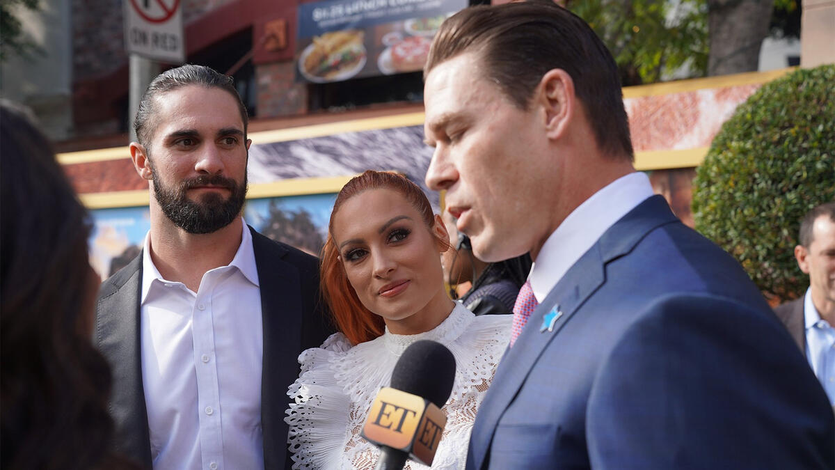 Seth Rollins and Becky Lynch attend the premiere of 'Dolittle' at