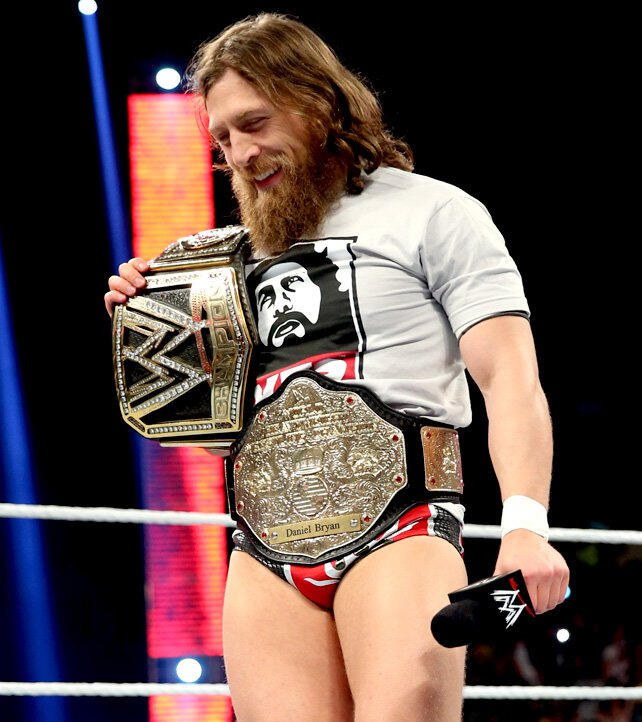 Daniel Bryan celebrates his WWE World Heavyweight Championship victory