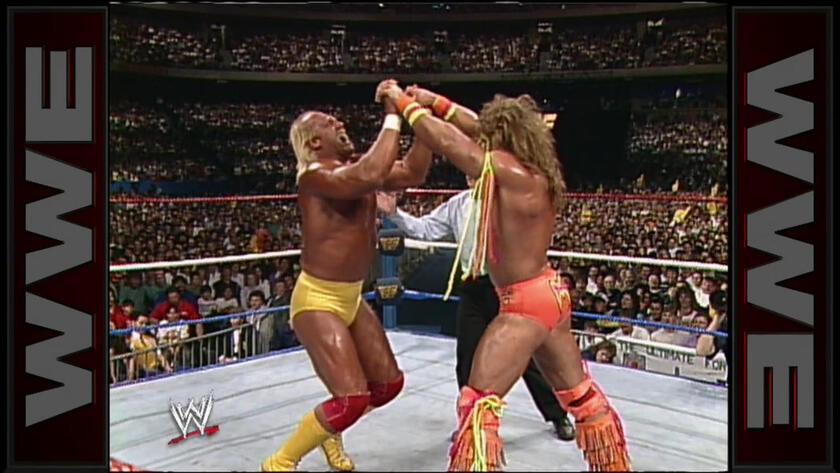 Ultimate Warrior And Hulk Hogan Battle In A Test Of Strength Wrestlemania 6 Wwe
