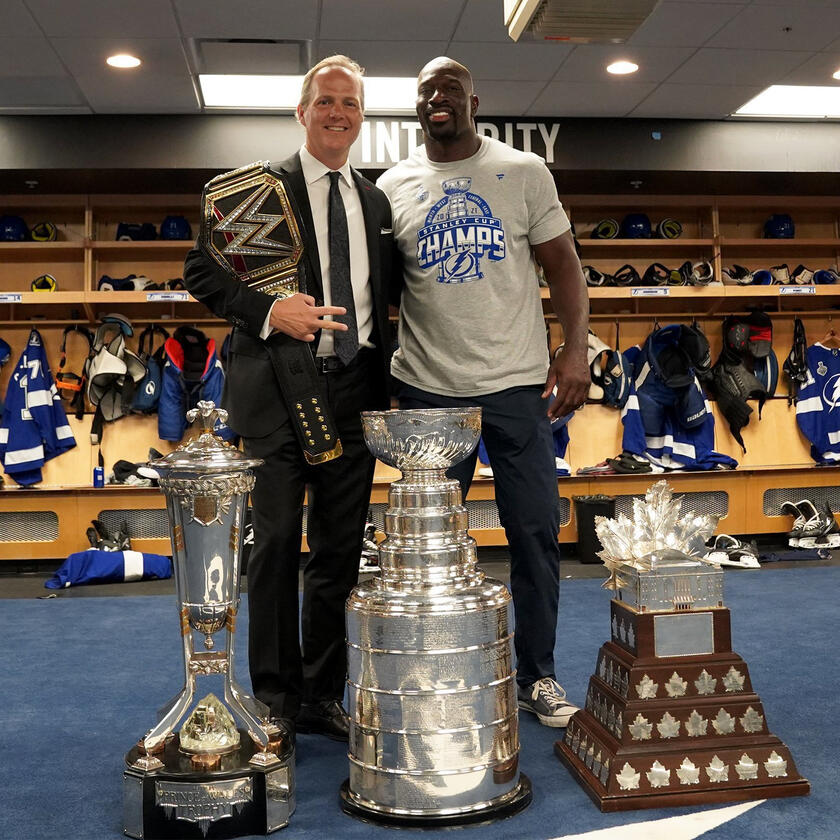 Titus O'Neil presents replica WWE Championship to 2021 Stanley Cup Champion  Tampa Bay Lightning: photos