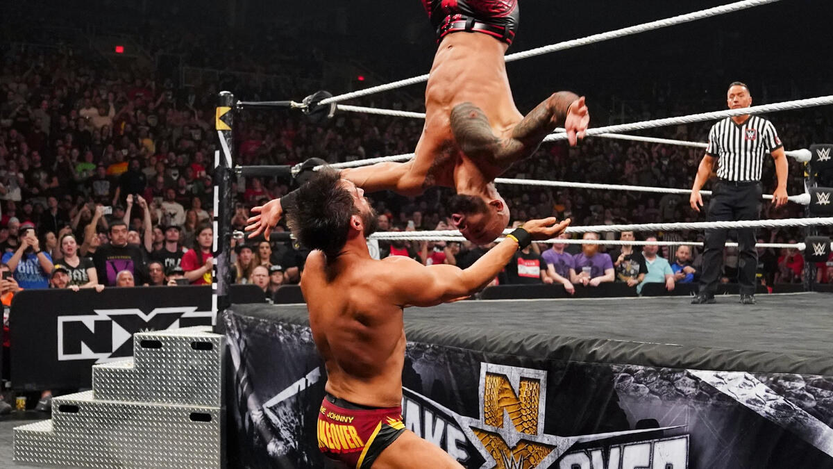 Ricochet takes flight and flattens Johnny Gargano on the outside: NXT ...