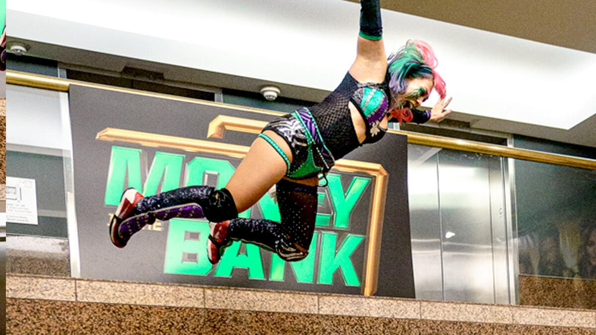 Asuka dives into the WWE Headquarters lobby WWE Money in the Bank 2020