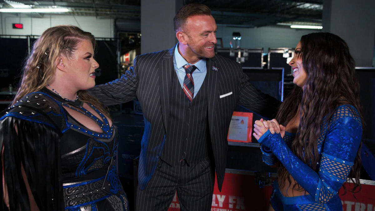 Nick Aldis informs Chelsea Green and Piper Niven of a match on Raw ...