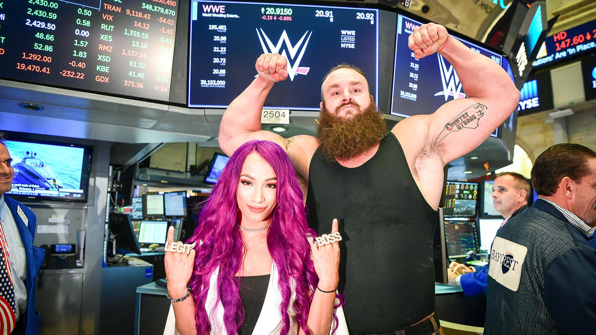 Sasha Banks and Braun Strowman ring the closing bell at New York Stock